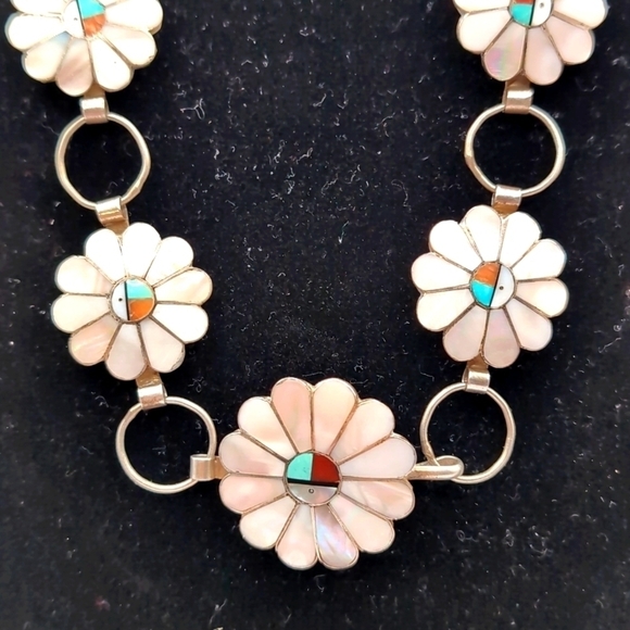 Sterling Silver Zuni Native American Sun Face MOP Turquoise Concho Belt Necklace - Picture 2 of 10